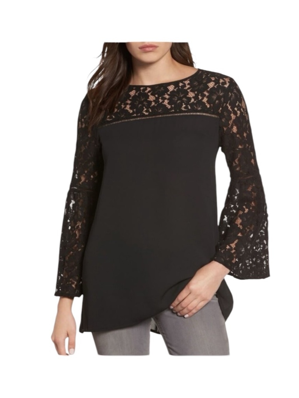 Halogen Black Lace Blouse Top Classic Bell Sleeves Romantic Business Goth XL